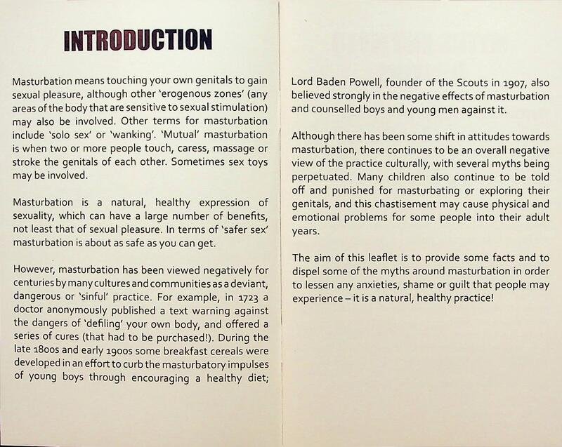Introduction of the booklet contains black font on white background, describing the history of the stigmatisation of masturbation and the purpose of the document in combatting this.