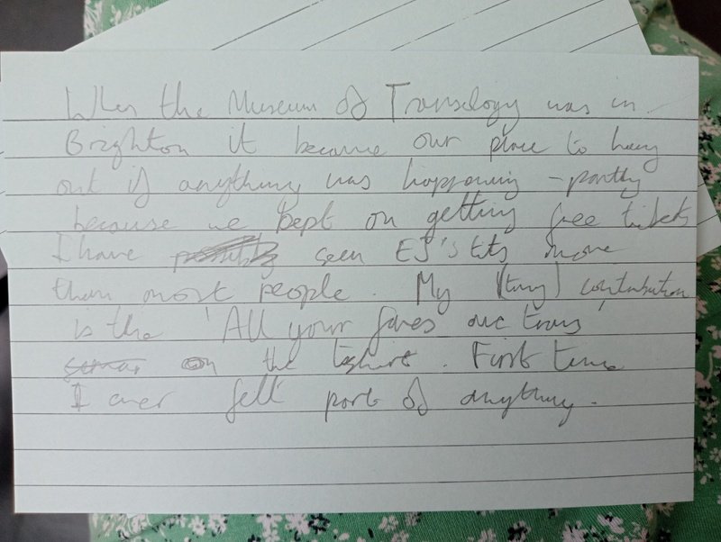Photograph of a piece of paper with a written reflection on the Museum of Transology in Brighton 