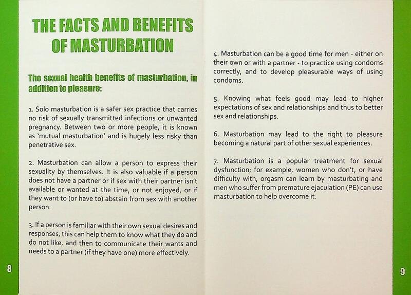 Title reads "The facts and benefits of masturbation" in green font on a white background. Text includes seven sexual health benefits of masturbation.