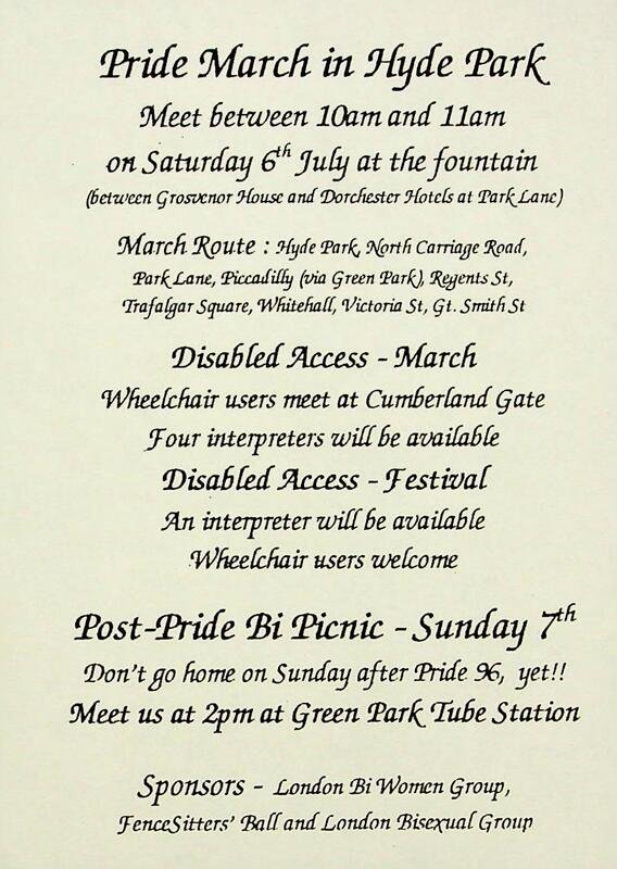 Beige leaflet with black cursive font describing details of the events, location, timing and accessibility information of Pride March and Post Pride Bi Picnic.
