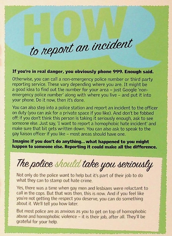 Title reads "How to report an incident" in  a blue speech bubble on a green background. Text underneath describes the process of reporting  hate crimes to the police.