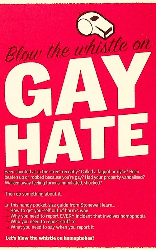 Page 1 of booklet contains a graphic of a whistle on a red background. Underneath the title "Blow the whistle on GAY HATE" in large font is an introduction to the booklet and what it contains.