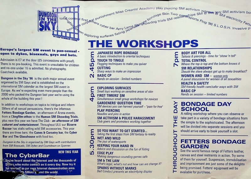Inside pages of the leaflet contain information of the SM Gays as a collective, an overview of the event as well as a schedule and further information surrounding the events taking place.