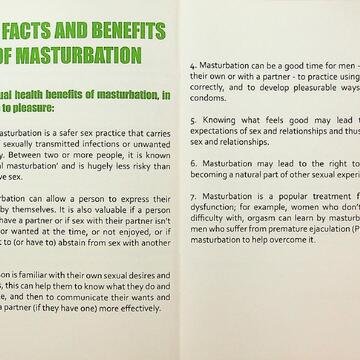 Title reads "The facts and benefits of masturbation" in green font on a white background. Text includes seven sexual health benefits of masturbation.