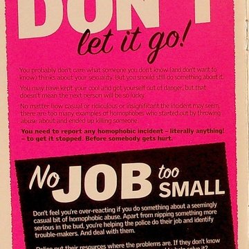 On a pink background the title reads in large font "Don't let it go". text underneath describes the importance of treating homophobic hate crimes seriously and reporting them.