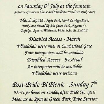 Beige leaflet with black cursive font describing details of the events, location, timing and accessibility information of Pride March and Post Pride Bi Picnic.