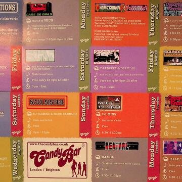 16 cards containing information about regular djs and live acts taking place at Candy Bar Brighton and London