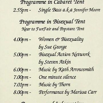 Beige leaflet with black cursive font detailing performers and timings of events at Pride Festival